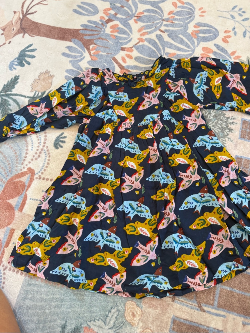 Pink Chicken Navy Dress with Pink, Blue and Yellow Bird Print